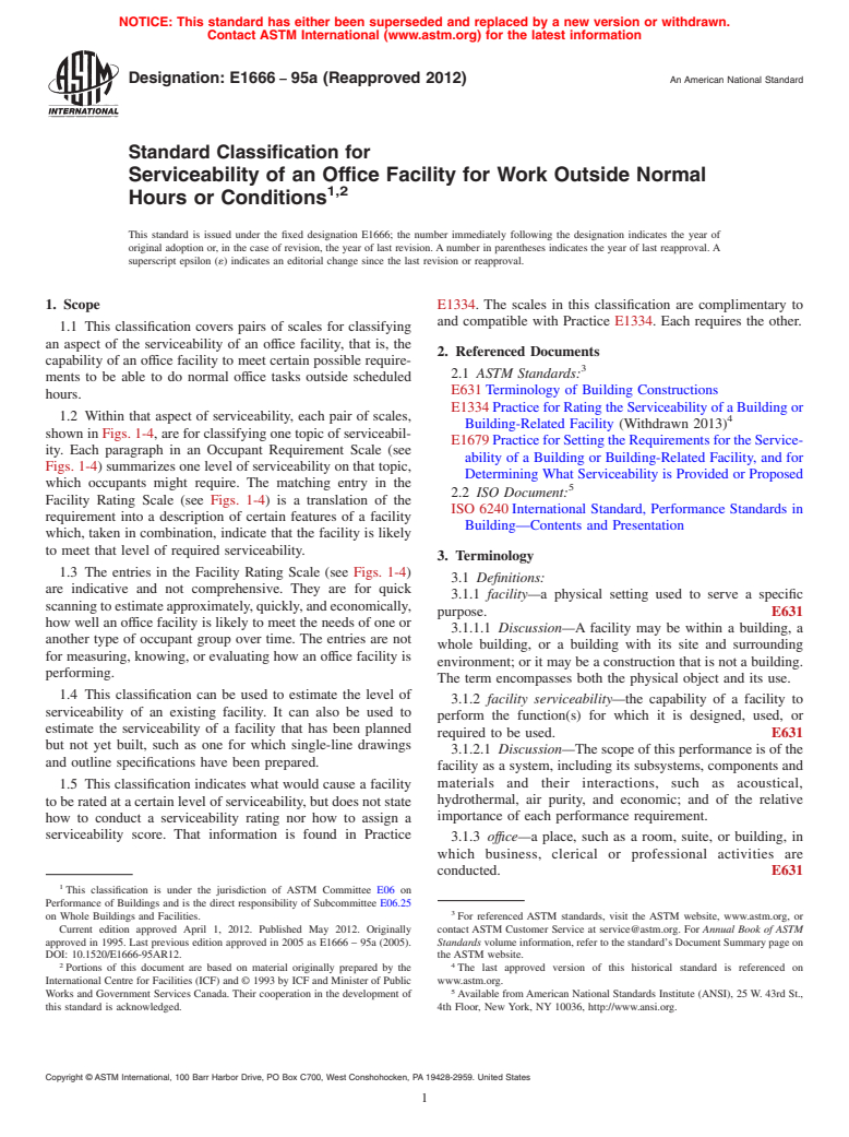 ASTM E1666-95a(2012) - Standard Classification for  Serviceability of an Office Facility for Work Outside Normal Hours or Conditions