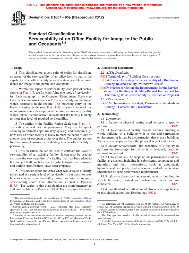 ASTM E1667-95a(2012) - Standard Classification for  Serviceability of an Office Facility for Image to the Public and Occupants