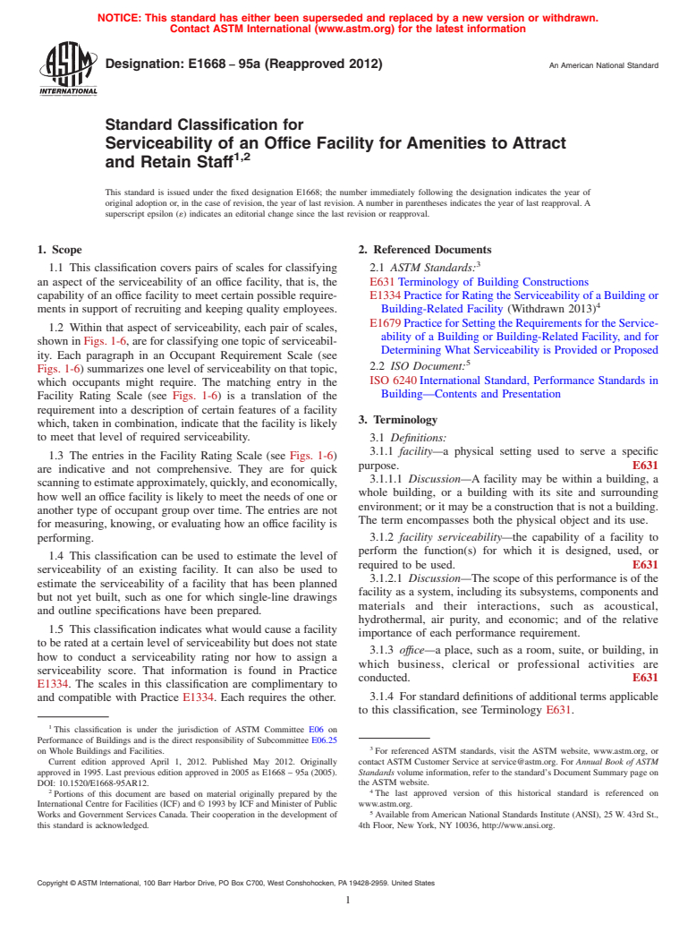 ASTM E1668-95a(2012) - Standard Classification for  Serviceability of an Office Facility for Amenities to Attract and Retain Staff