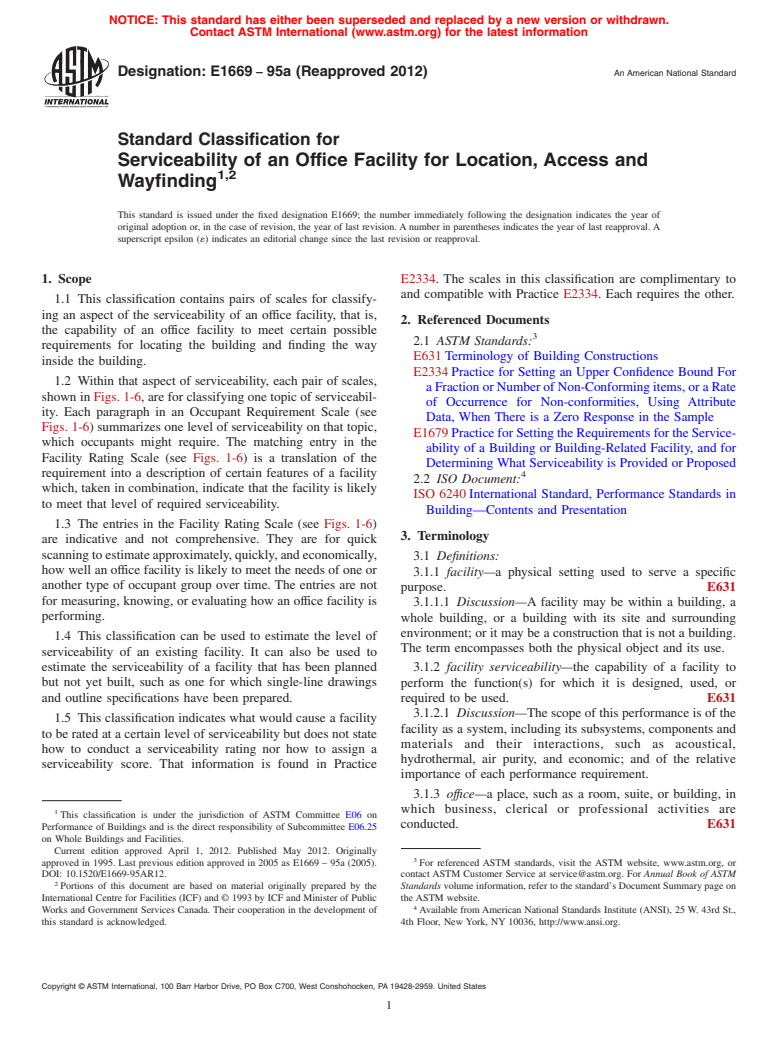 ASTM E1669-95a(2012) - Standard Classification for  Serviceability of an Office Facility for Location, Access and Wayfinding