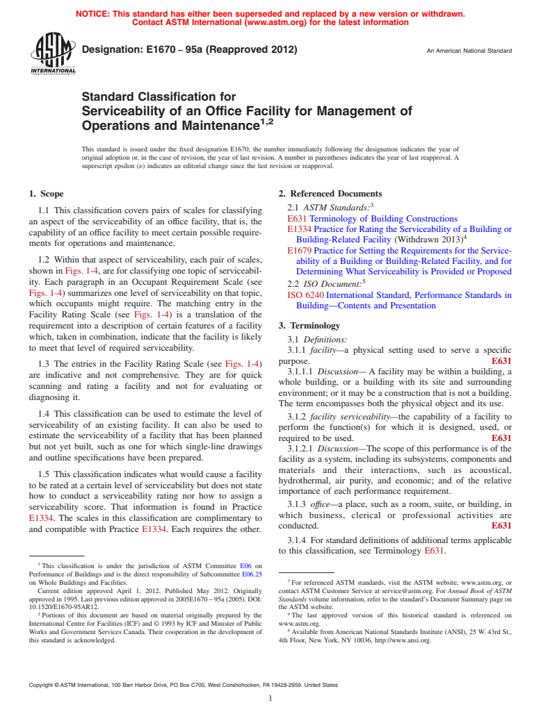 ASTM E1670-95a(2012) - Standard Classification for  Serviceability of an Office Facility for Management of Operations and Maintenance