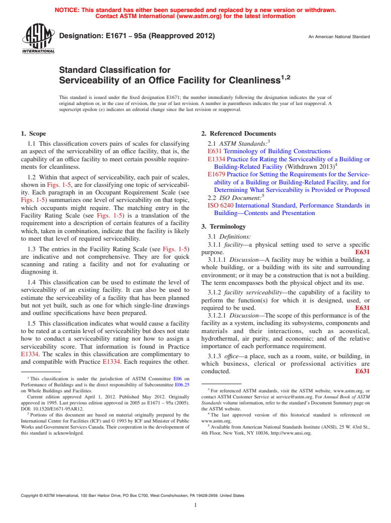 ASTM E1671-95a(2012) - Standard Classification for  Serviceability of an Office Facility for Cleanliness