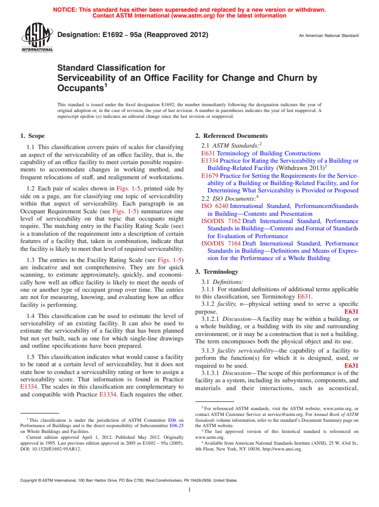 ASTM E1692-95a(2012) - Standard Classification for  Serviceability of an Office Facility for Change and Churn by Occupants