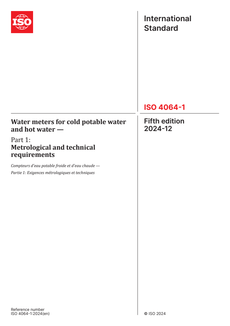 ISO 4064-1:2024 - Water meters for cold potable water and hot water — Part 1: Metrological and technical requirements
Released:12/19/2024