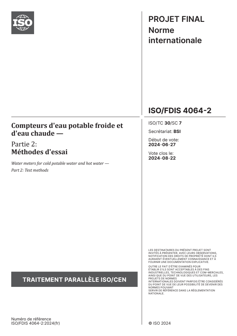 ISO 4064-2 - Compteurs d'eau potable froide et d'eau chaude — Partie 2: Méthodes d'essai
Released:7/13/2024