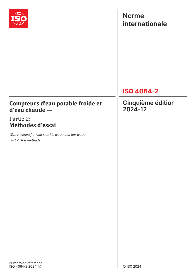 ISO 4064-2:2024 - Compteurs d'eau potable froide et d'eau chaude — Partie 2: Méthodes d'essai
Released:12/19/2024