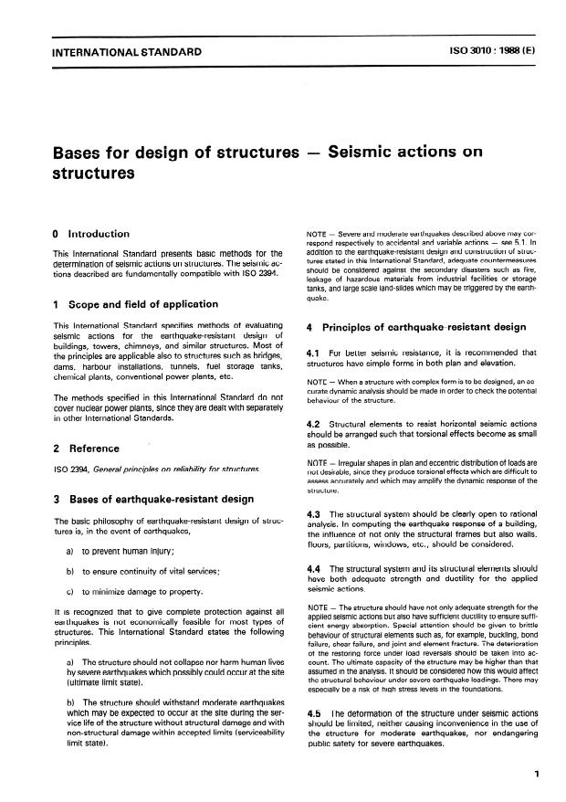 ISO 3010:1988 - Bases for design of structures -- Seismic actions on structures