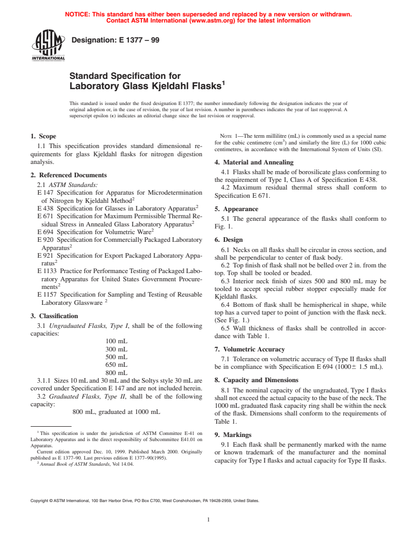 ASTM E1377-99 - Standard Specification for Laboratory Glass Kjeldahl Flasks