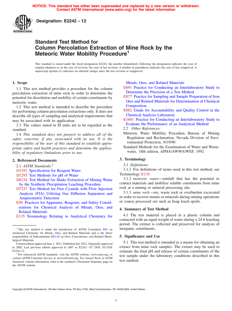 ASTM E2242-12 - Standard Test Method for Column Percolation Extraction of Mine Rock by the Meteoric Water Mobility Procedure