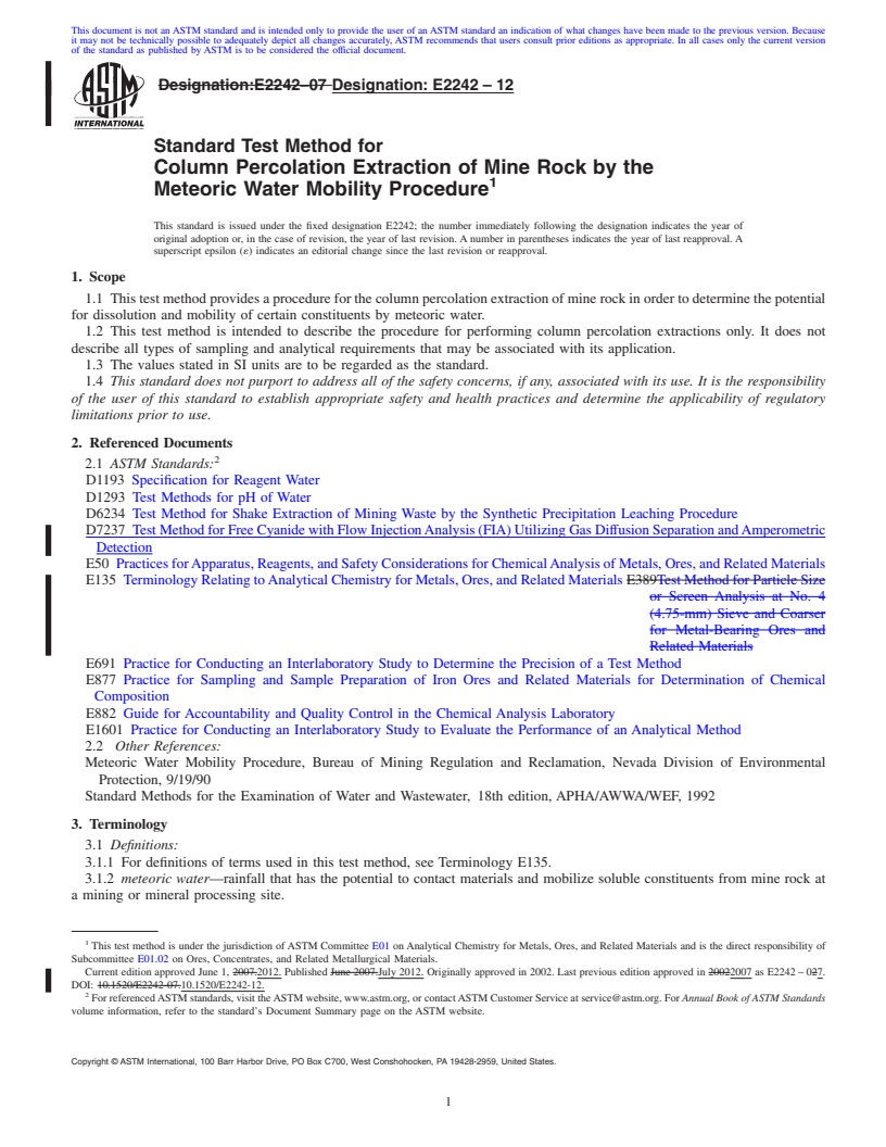 REDLINE ASTM E2242-12 - Standard Test Method for Column Percolation Extraction of Mine Rock by the Meteoric Water Mobility Procedure