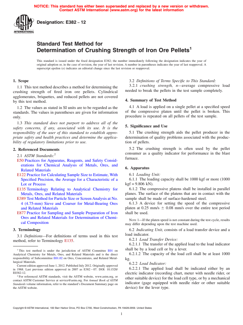 ASTM E382-12 - Standard Test Method for  Determination of Crushing Strength of Iron Ore Pellets