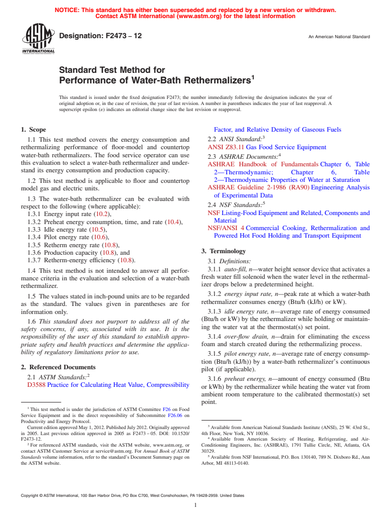 ASTM F2473-12 - Standard Test Method for Performance of Water-Bath Rethermalizers