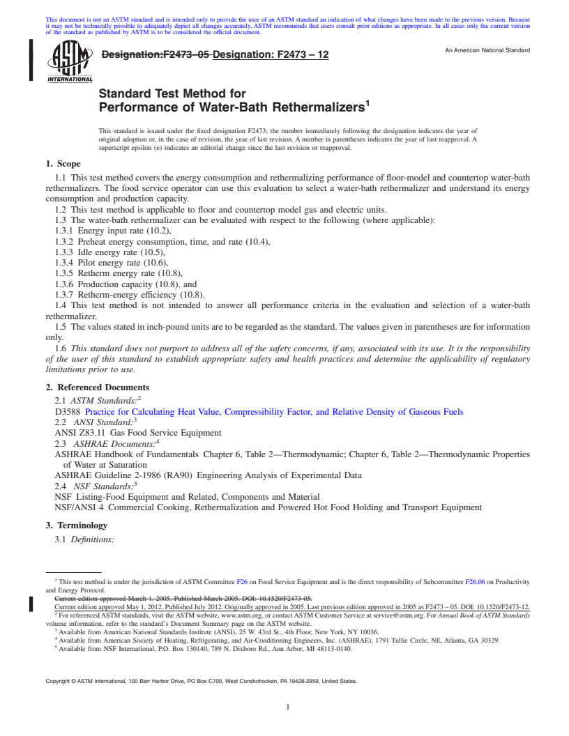 REDLINE ASTM F2473-12 - Standard Test Method for Performance of Water-Bath Rethermalizers