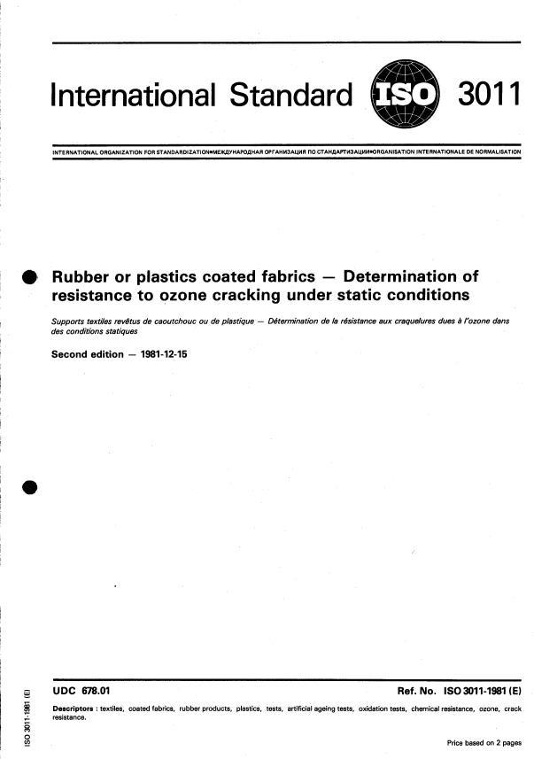 ISO 3011:1981 - Rubber or plastics coated fabrics -- Determination of resistance to ozone cracking under static conditions