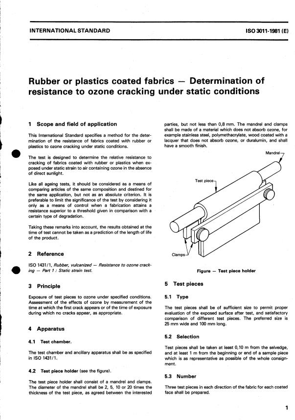 ISO 3011:1981 - Rubber or plastics coated fabrics -- Determination of resistance to ozone cracking under static conditions