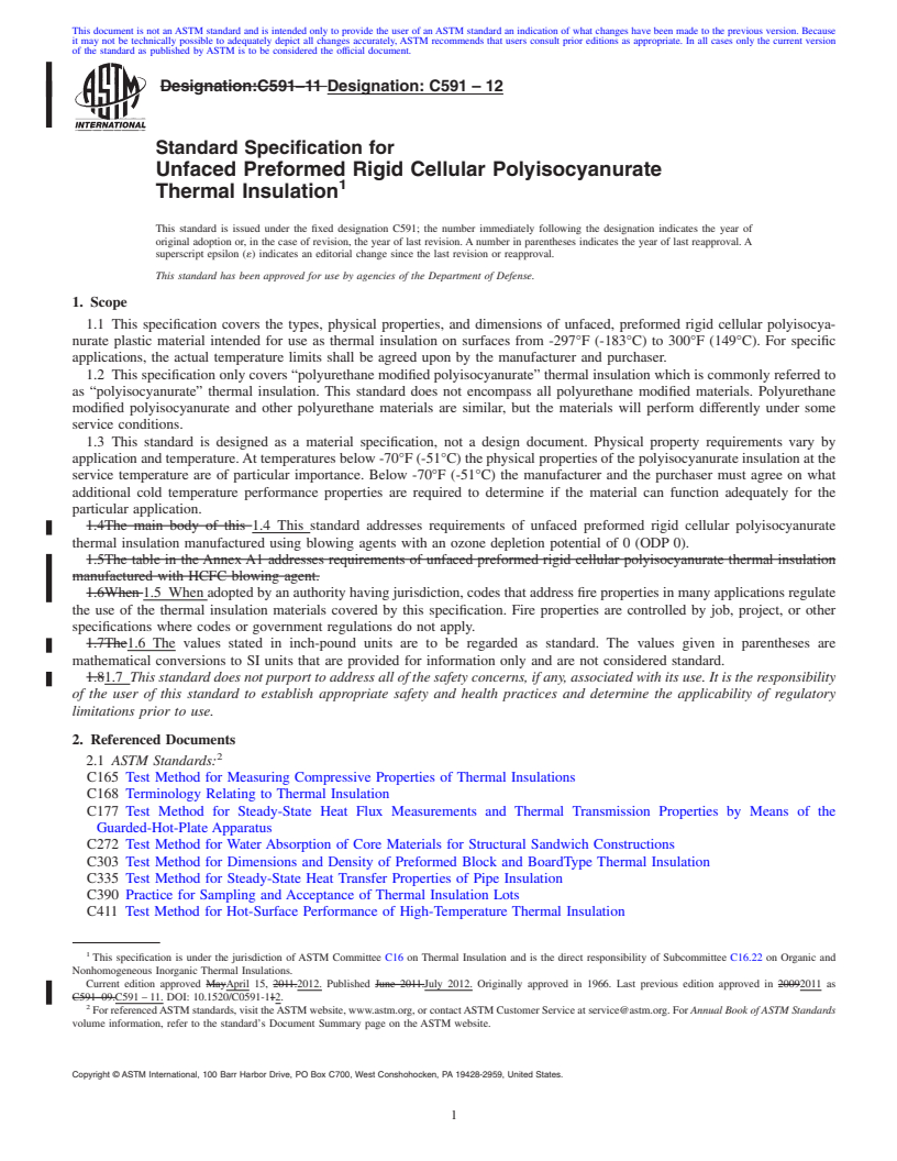 REDLINE ASTM C591-12 - Standard Specification for  Unfaced Preformed Rigid Cellular Polyisocyanurate<brk> Thermal Insulation