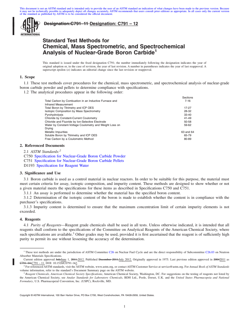 REDLINE ASTM C791-12 - Standard Test Methods for  Chemical, Mass Spectrometric, and Spectrochemical Analysis of Nuclear-Grade Boron Carbide