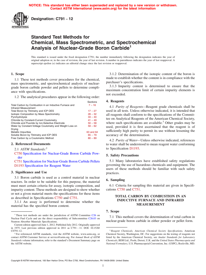 ASTM C791-12 - Standard Test Methods for  Chemical, Mass Spectrometric, and Spectrochemical Analysis of Nuclear-Grade Boron Carbide