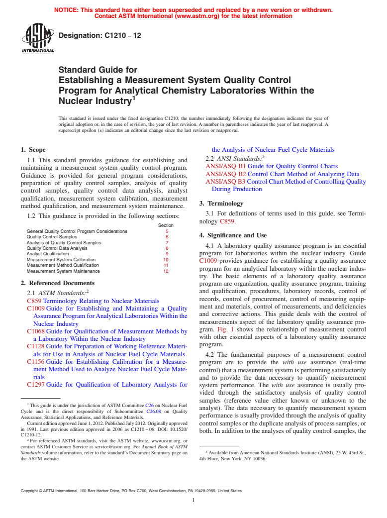 ASTM C1210-12 - Standard Guide for Establishing a Measurement System Quality Control Program for Analytical Chemistry Laboratories Within the Nuclear Industry