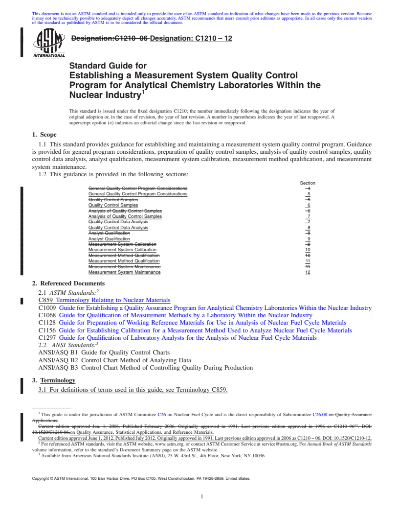 REDLINE ASTM C1210-12 - Standard Guide for Establishing a Measurement System Quality Control Program for Analytical Chemistry Laboratories Within the Nuclear Industry