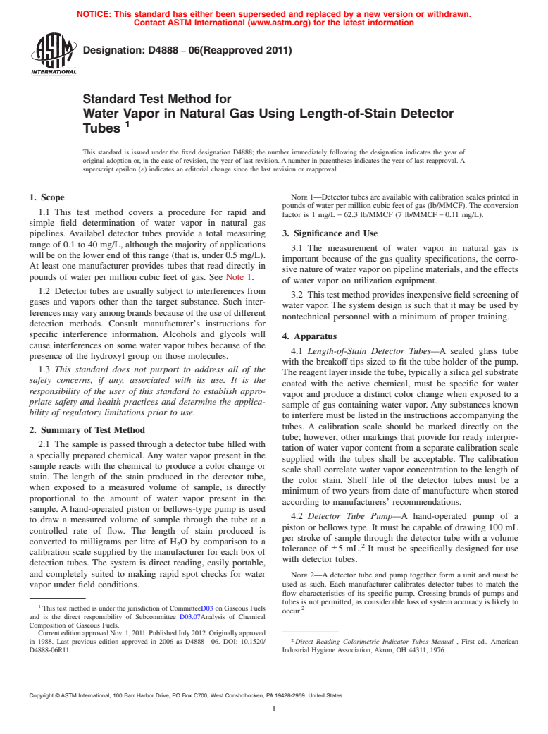 ASTM D4888-06(2011) - Standard Test Method for Water Vapor in Natural Gas Using Length-of-Stain Detector Tubes