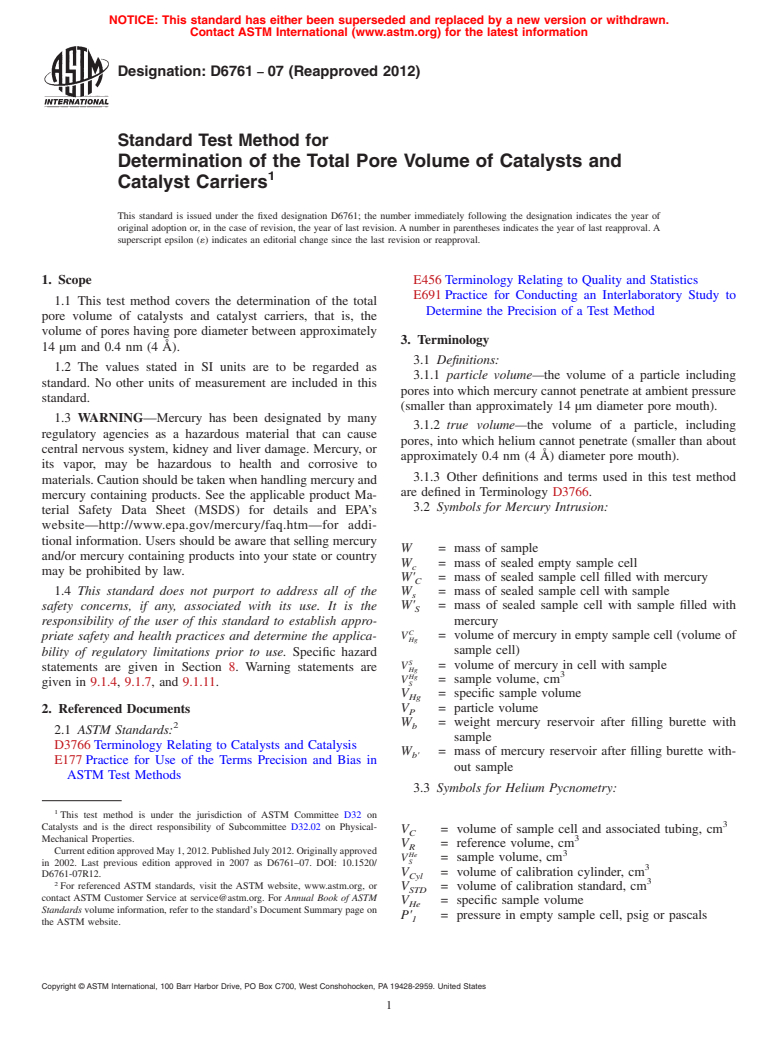 ASTM D6761-07(2012) - Standard Test Method for Determination of the Total Pore Volume of Catalysts and Catalyst Carriers