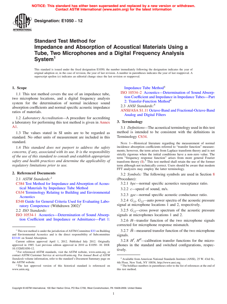 ASTM E1050-12 - Standard Test Method for Impedance and Absorption of Acoustical Materials Using a Tube, Two Microphones and a Digital Frequency Analysis System