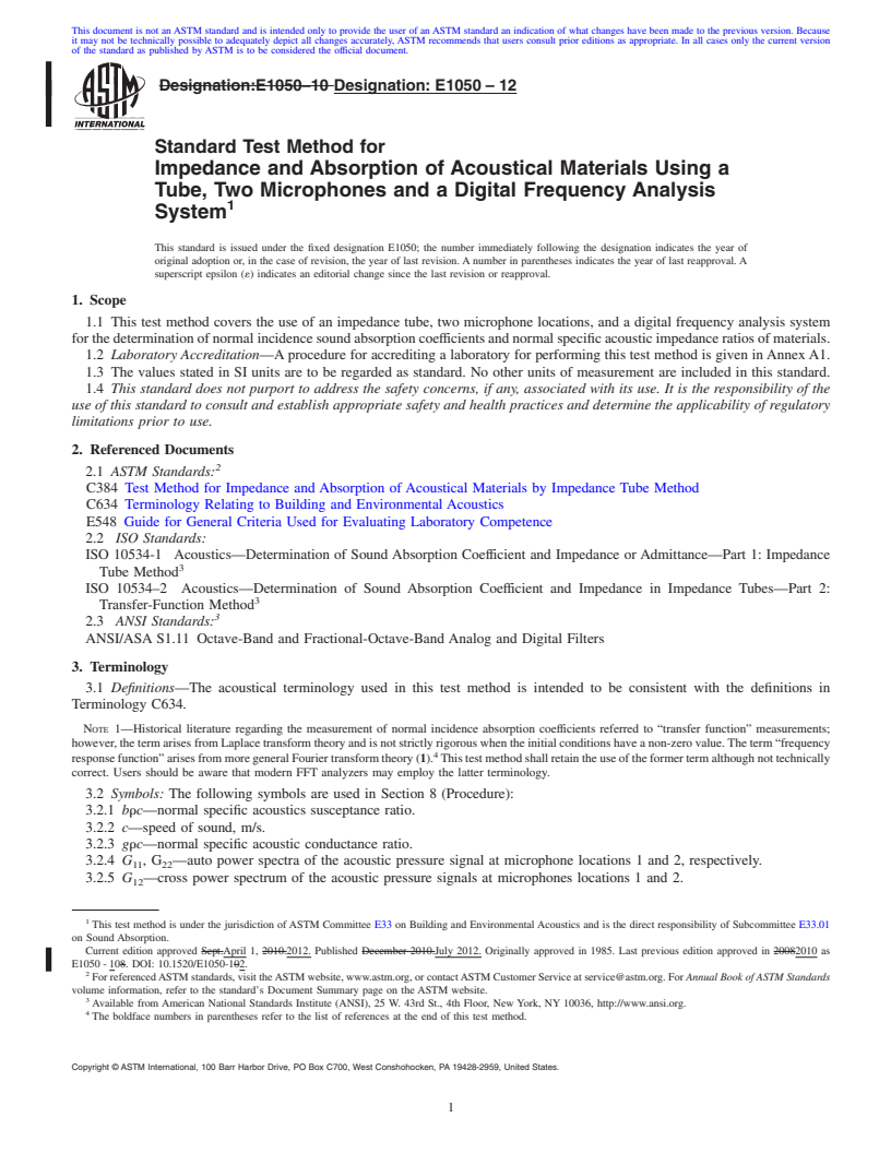 REDLINE ASTM E1050-12 - Standard Test Method for Impedance and Absorption of Acoustical Materials Using a Tube, Two Microphones and a Digital Frequency Analysis System