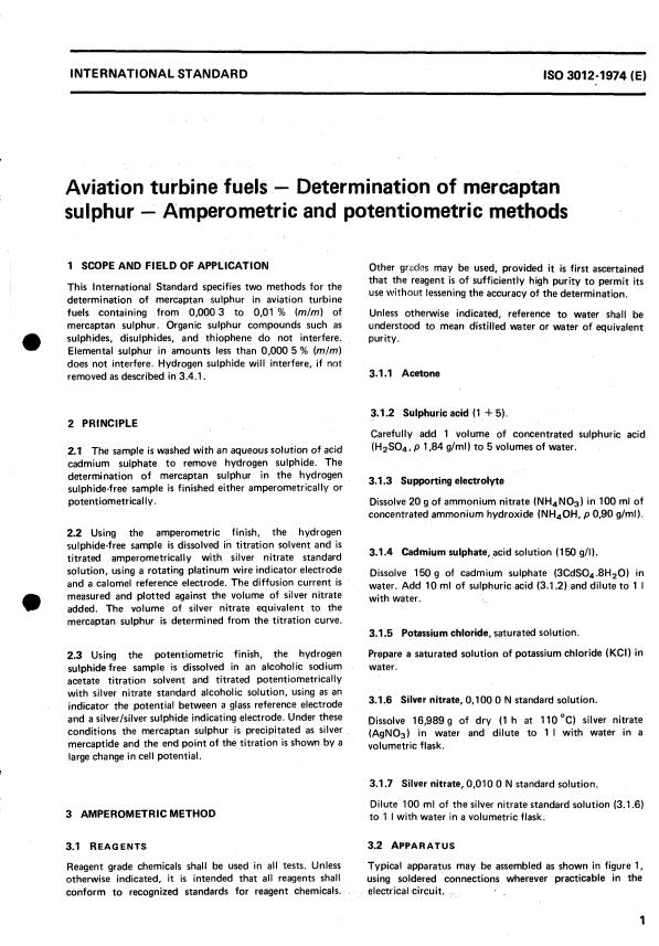 ISO 3012:1974 - Aviation turbine fuels -- Determination of mercaptan sulphur -- Amperometric and potentiometric methods