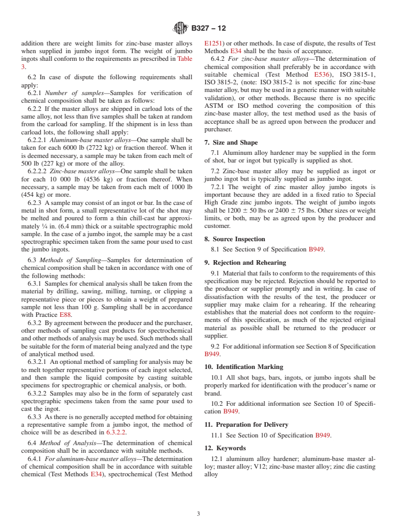 ASTM B327-12 - Standard Specification for Master Alloys Used in Making Zinc Die Casting Alloys