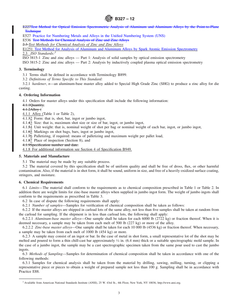 REDLINE ASTM B327-12 - Standard Specification for Master Alloys Used in Making Zinc Die Casting Alloys