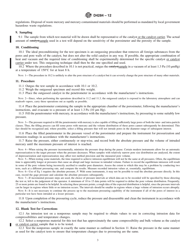 REDLINE ASTM D4284-12 - Standard Test Method for Determining Pore Volume Distribution of Catalysts and Catalyst Carriers by Mercury Intrusion Porosimetry