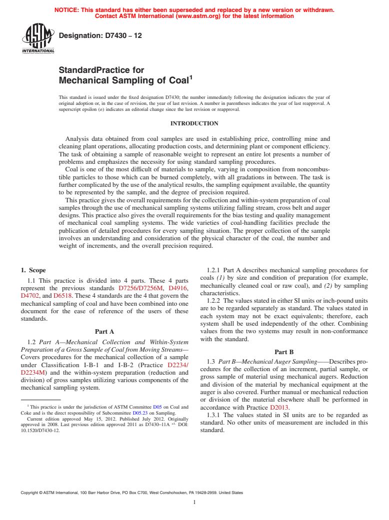 ASTM D7430-12 - Standard Practice for Mechanical Sampling of Coal