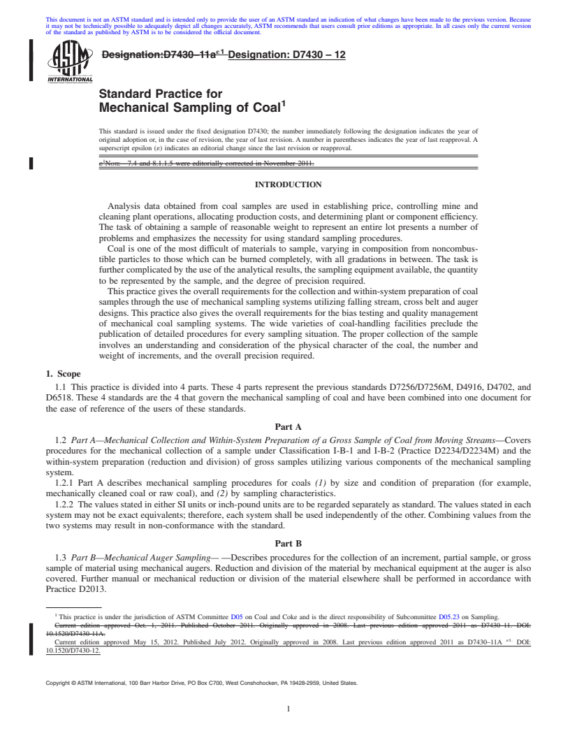 REDLINE ASTM D7430-12 - Standard Practice for Mechanical Sampling of Coal