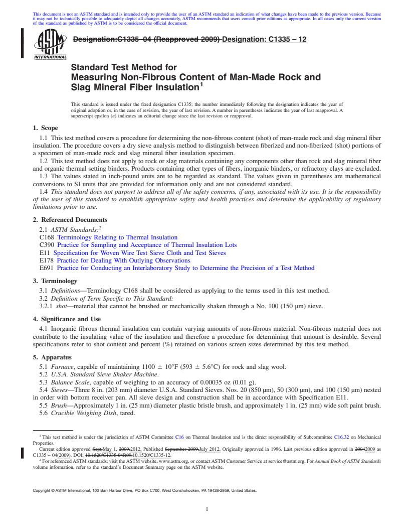 REDLINE ASTM C1335-12 - Standard Test Method for  Measuring Non-Fibrous Content of Man-Made Rock and Slag Mineral Fiber Insulation