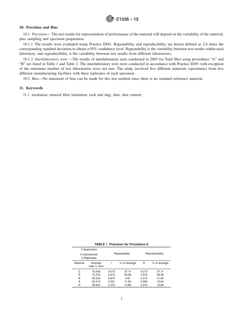 REDLINE ASTM C1335-12 - Standard Test Method for  Measuring Non-Fibrous Content of Man-Made Rock and Slag Mineral Fiber Insulation