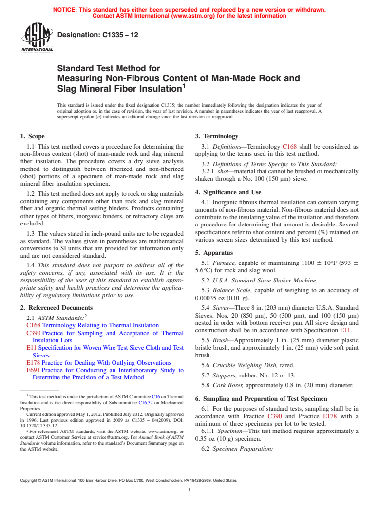 ASTM C1335-12 - Standard Test Method for  Measuring Non-Fibrous Content of Man-Made Rock and Slag Mineral Fiber Insulation