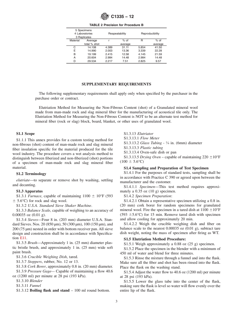 ASTM C1335-12 - Standard Test Method for  Measuring Non-Fibrous Content of Man-Made Rock and Slag Mineral Fiber Insulation