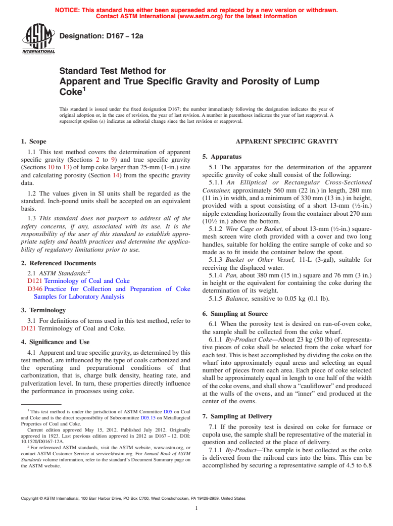 ASTM D167-12a - Standard Test Method for Apparent and True Specific Gravity and Porosity of Lump Coke