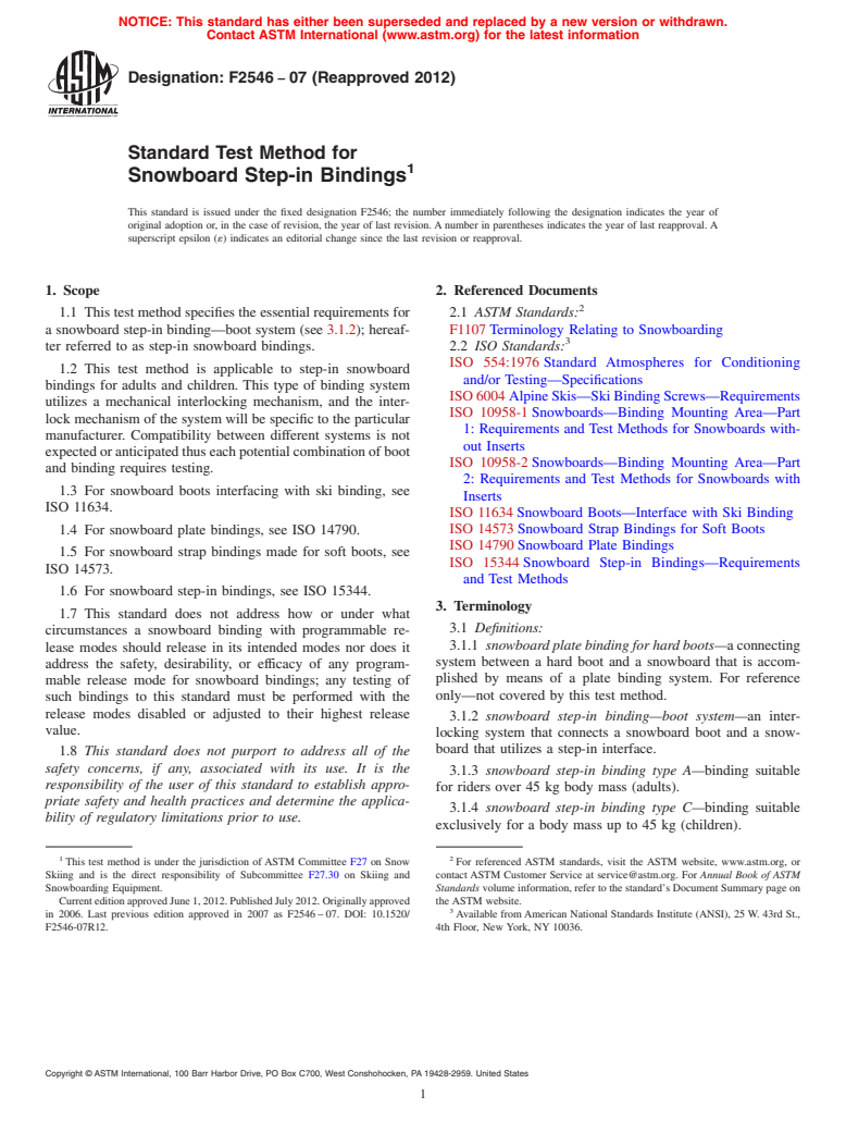 ASTM F2546-07(2012) - Standard Test Method for Snowboard Step-in Bindings