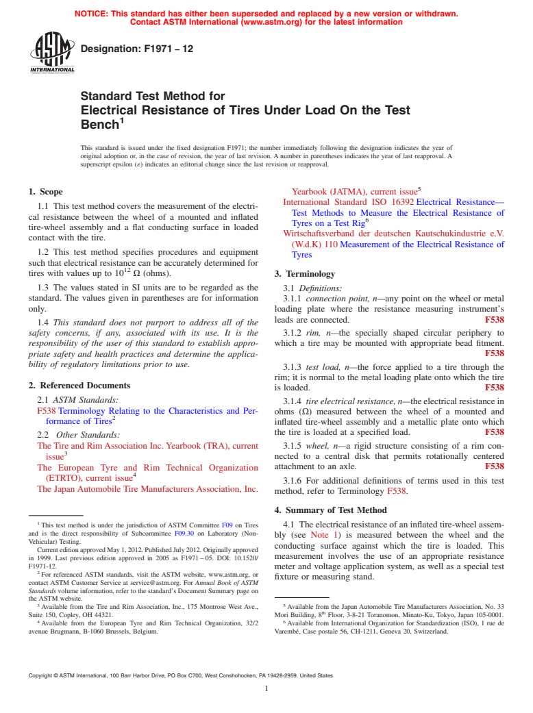 ASTM F1971-12 - Standard Test Method for Electrical Resistance of Tires Under Load On the Test Bench