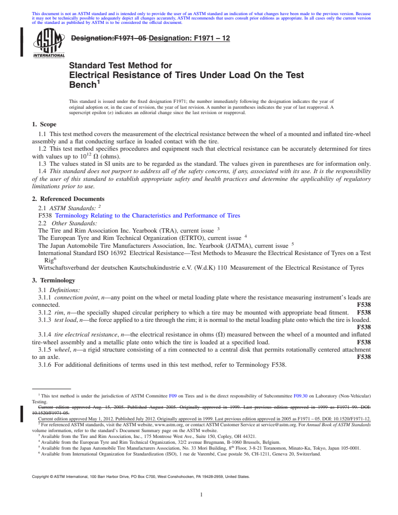 REDLINE ASTM F1971-12 - Standard Test Method for Electrical Resistance of Tires Under Load On the Test Bench