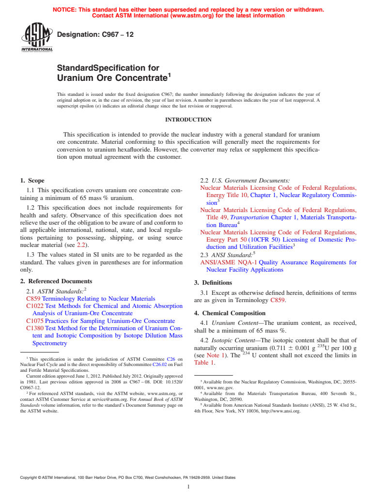 ASTM C967-12 - Standard Specification for  Uranium Ore Concentrate