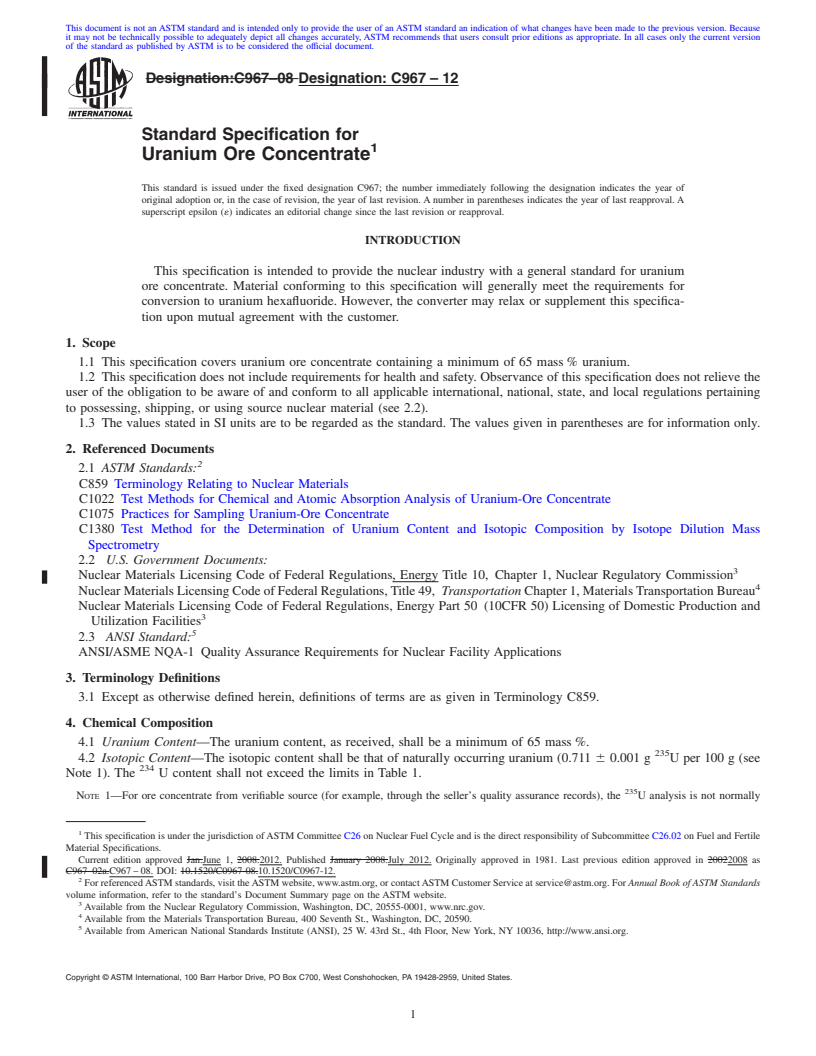 REDLINE ASTM C967-12 - Standard Specification for  Uranium Ore Concentrate