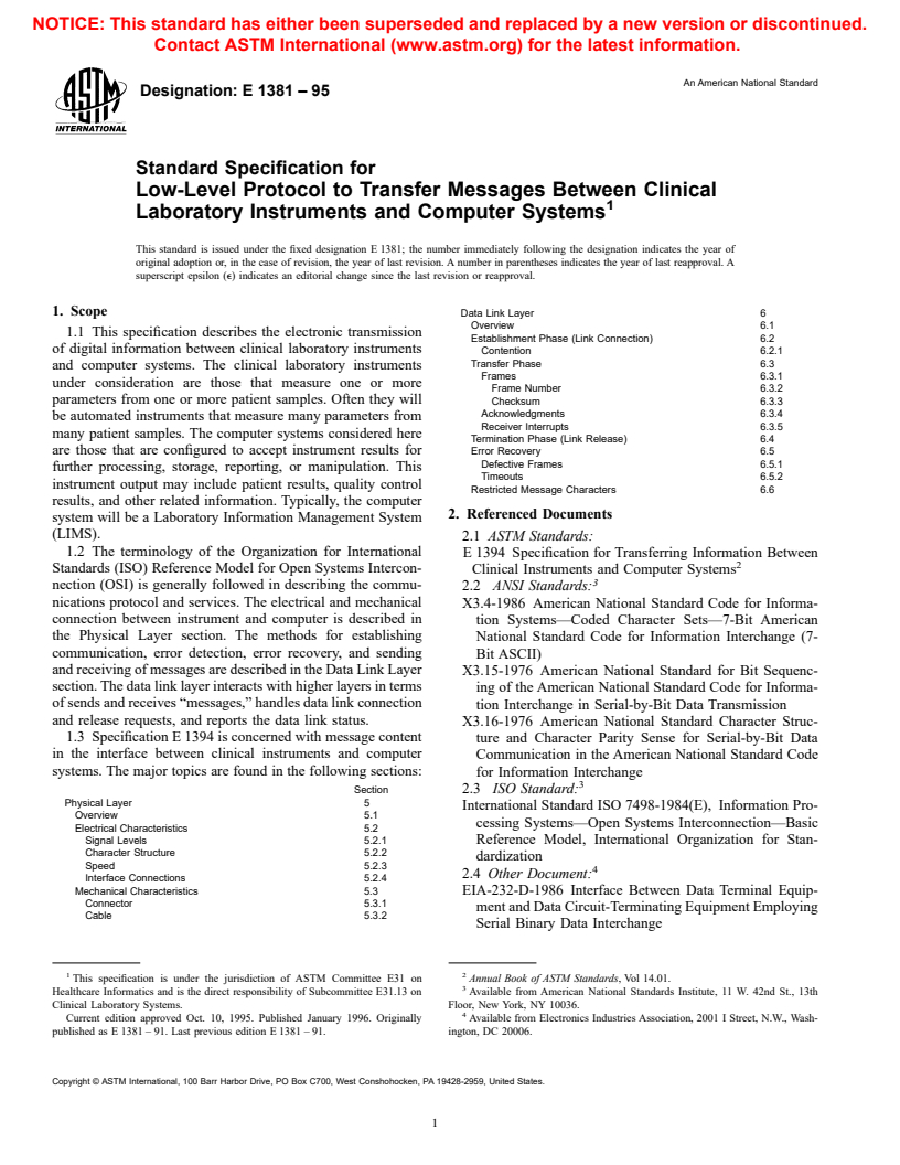 ASTM E1381-95 - Standard Specification for Low-Level Protocol to Transfer Messages Between Clinical Laboratory Instruments and Computer Systems