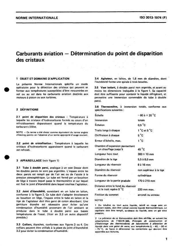 ISO 3013:1974 - Carburants aviation -- Détermination du point de disparition des cristaux