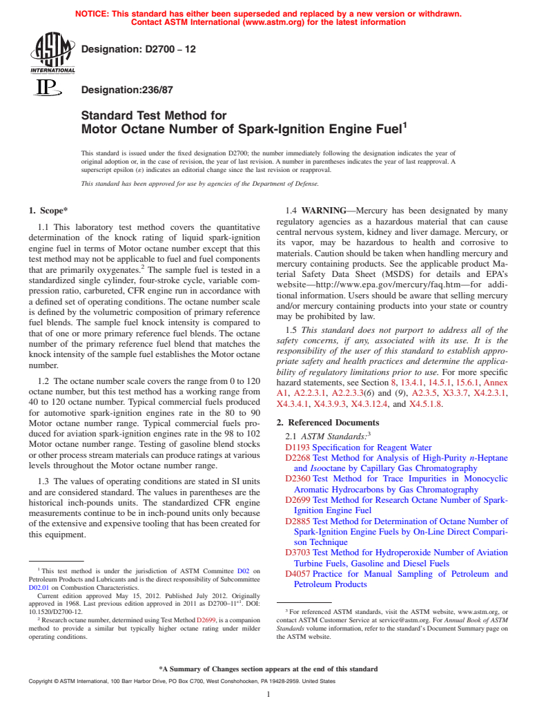 ASTM D2700-12 - Standard Test Method for Motor Octane Number of Spark-Ignition Engine Fuel