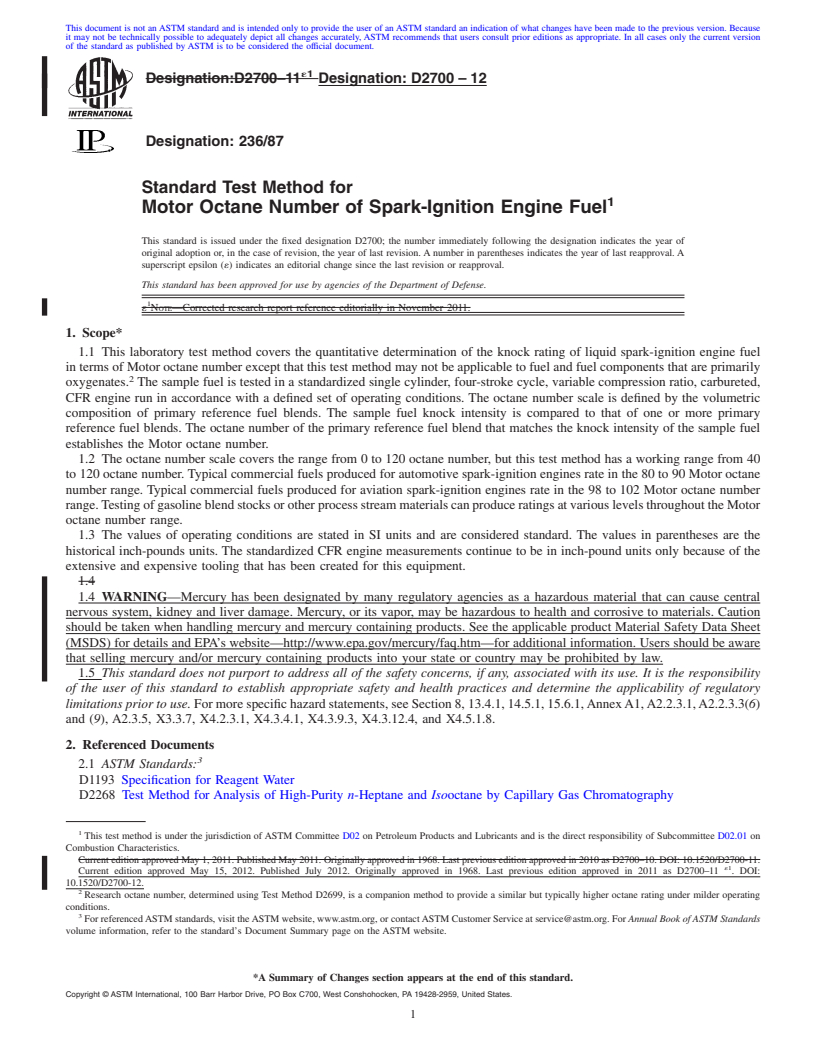 REDLINE ASTM D2700-12 - Standard Test Method for Motor Octane Number of Spark-Ignition Engine Fuel