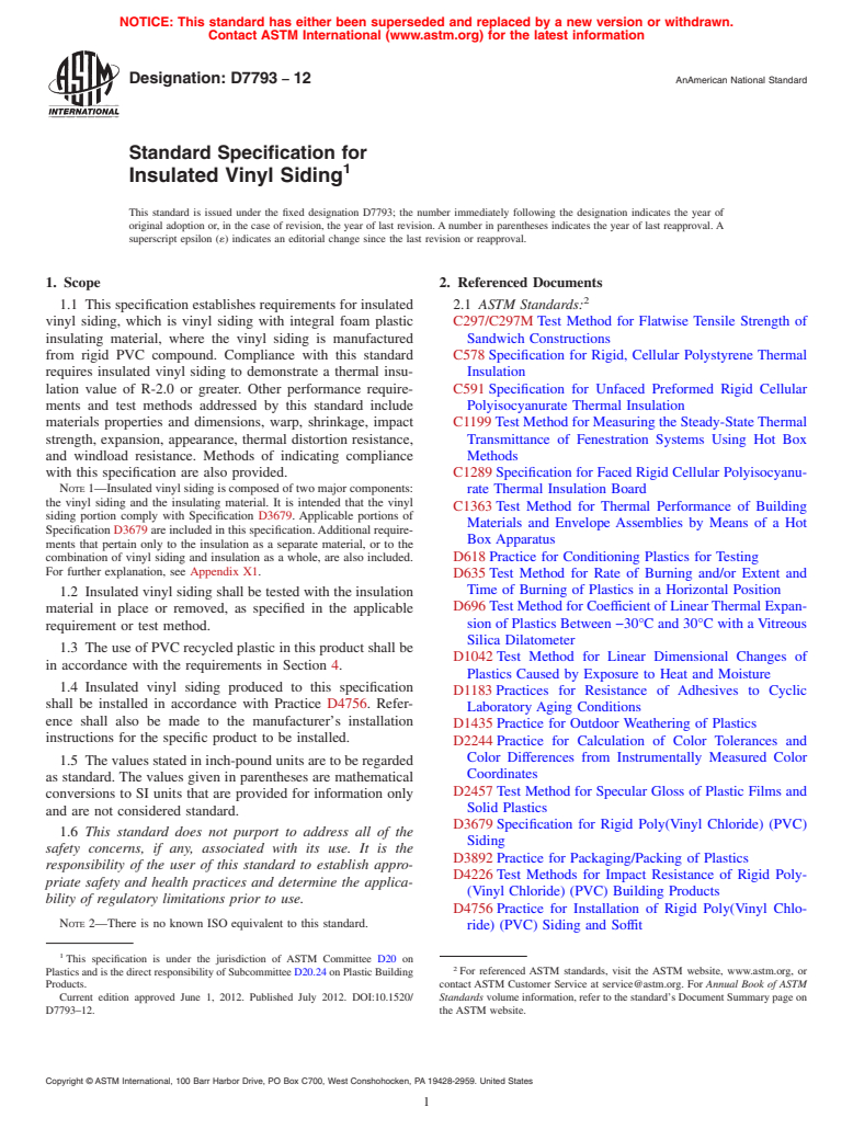 ASTM D7793-12 - Standard Specification for Insulated Vinyl Siding