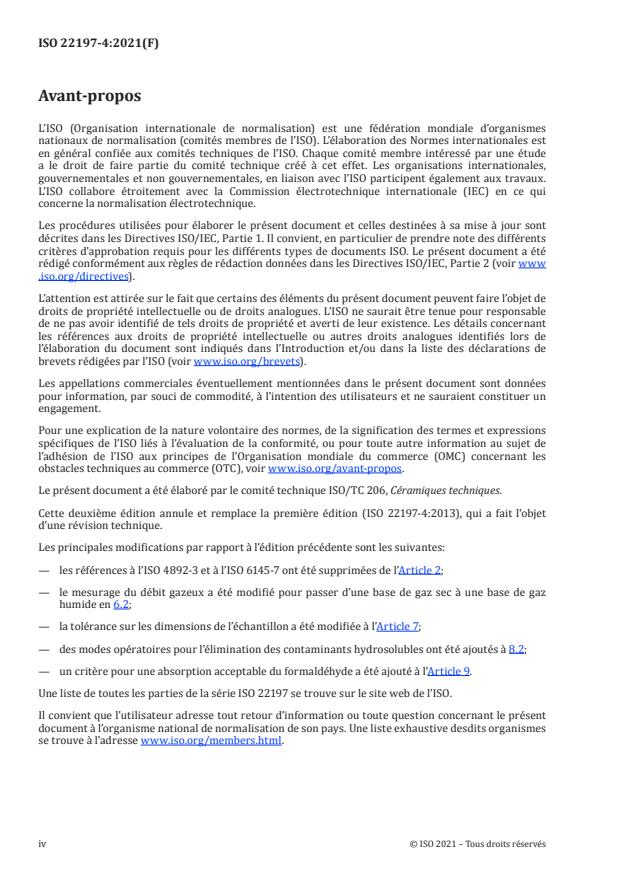 ISO 22197-4:2021 ISO 22197-4:2021 - Céramiques techniques -- Méthodes d'essai relatives à la performance des matériaux photocatalytiques semi-conducteurs pour la purification de l'air - Page 4 preview